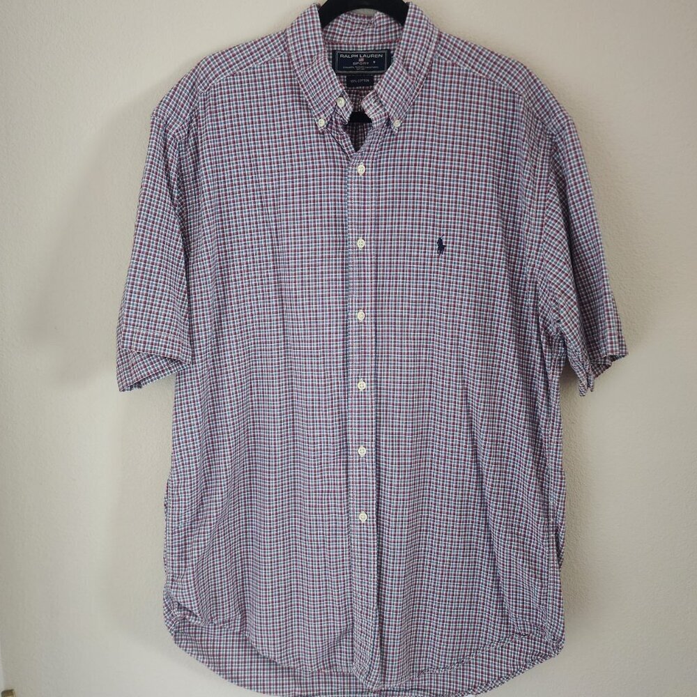 VTG Ralph Lauren Mens Blake Button Up Shirt Short Sleeve Pony Logo Plaid Size L